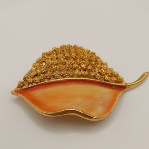 BSK Orange Enamel textured gold tone vintage Leaf Brooch EVC
